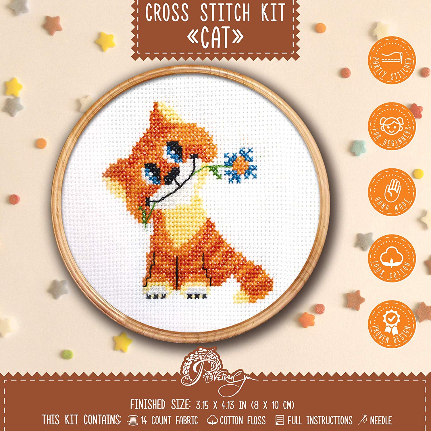 Povitrulya Cat Cross Stitch Kit for Beginners