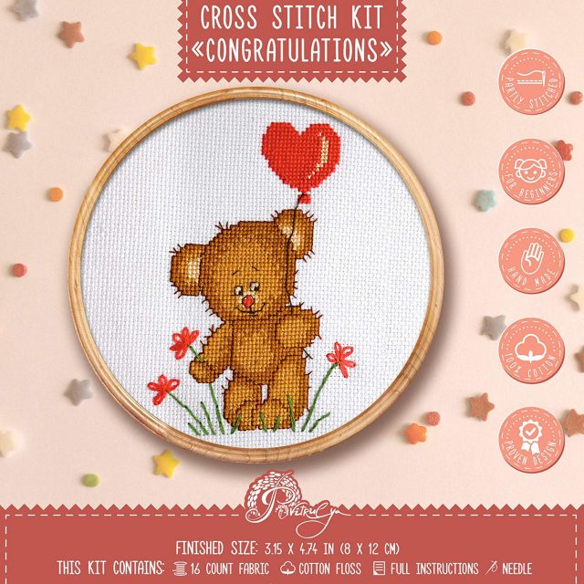 Povitrulya Cross Stitch Kit for Baby Boy “Congratulations!" Teddy Bear Embroidery Set for Kids