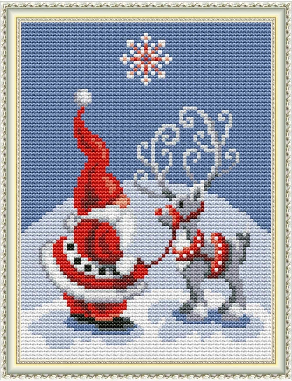 Cross Stitch Stamped Kits 11CT 9X11 inch Holiday Gift Pre-Printed Cross-Stitching Starter Patterns for Beginner Kids or Adults, Embroidery Needlepoint Kits Santa Claus Christmas Deer