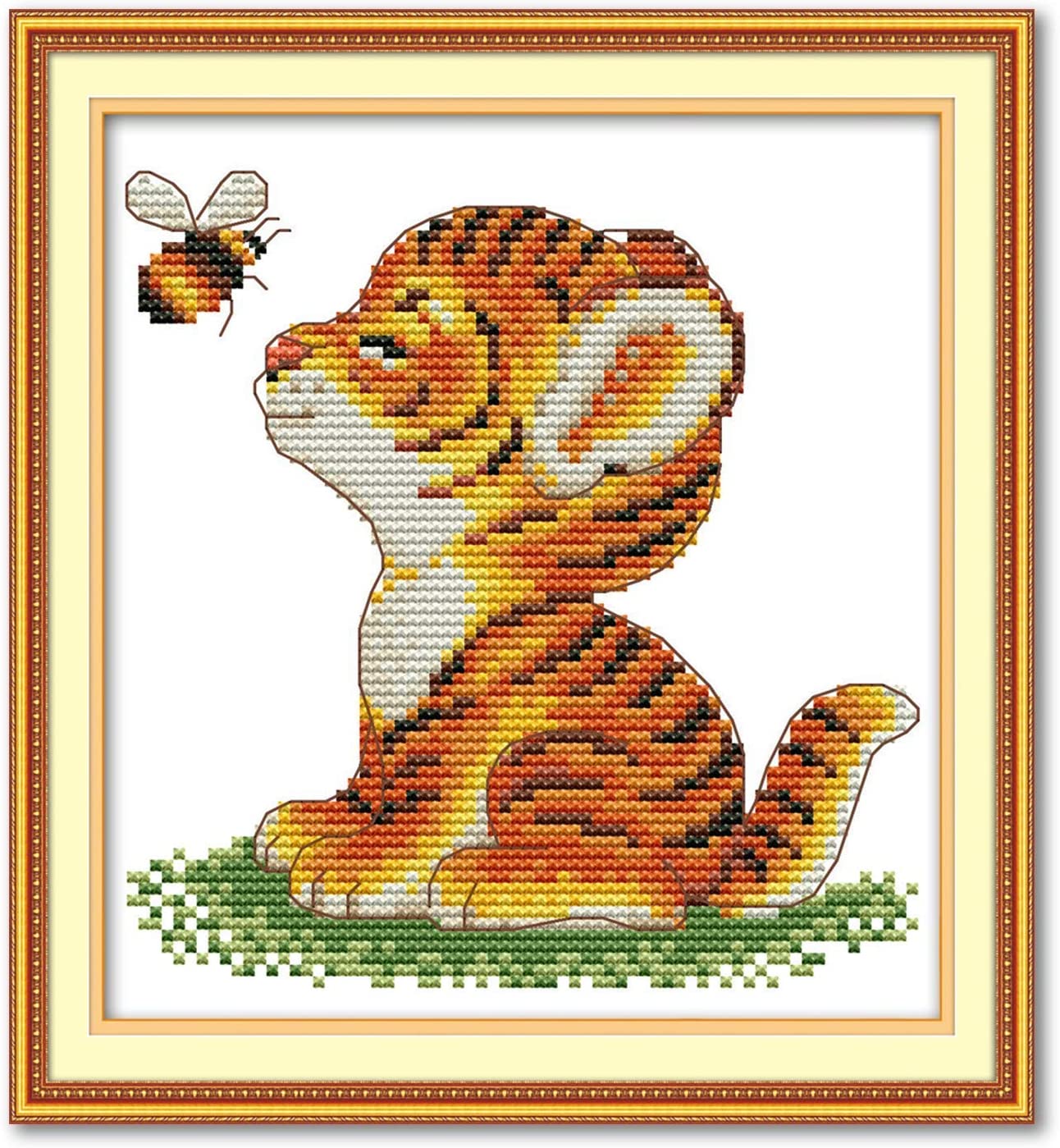 Printed Cross Stitch Kits 11CT 9X9 inch 100% Cotton Holiday Gift DIY Embroidery Starter Kits Easy Patterns Embroidery for Girls Crafts DMC Stamped Cross-Stitch Supplies Needlework Tiger and Bee